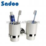 Brass double tumbler holder with ceramic cups for bathroom