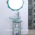 transparent glass wash basin with round silver mirror