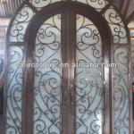Eyebrow Hand forged wrought iron security with tempered glass double single steel door made in China factory SE-0019