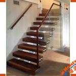 Walnut solid wood open risers straight stairs with glass balustrade make to order HW-ST-001
